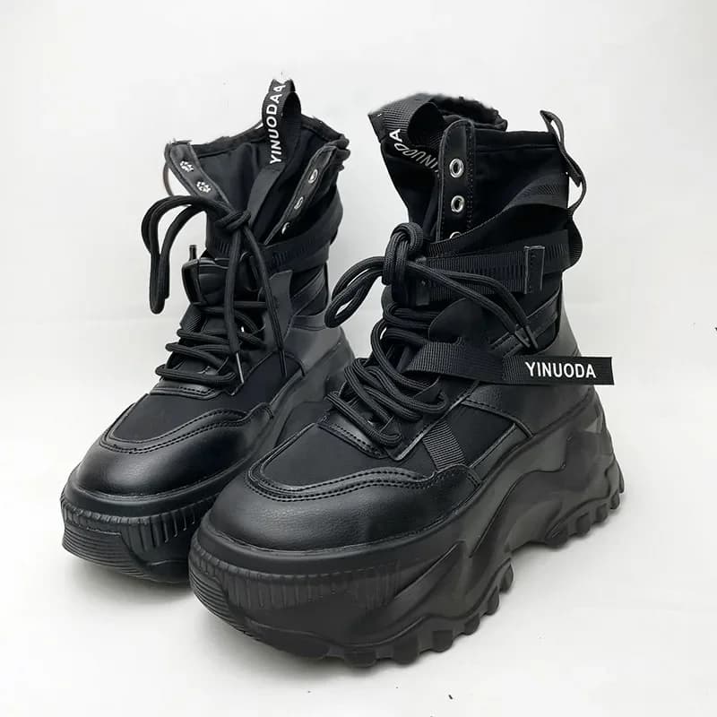 Autumn Winter Platform Boots Women Lace Up Belt Buckle Designer Ankle Boots Female Fashion Thick Sole High-top Sneakers Women