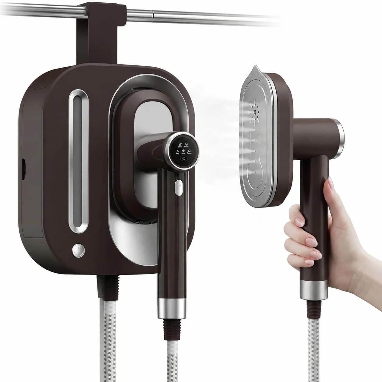 Steamer for Clothes 2 In 1 Portable Size 1550W 30s Fast Heat-Up 1100ml Detachable Tank Horizontal & Vertical Use for Clothes Drapes Bedding Professional Wrinkle Remover Brown