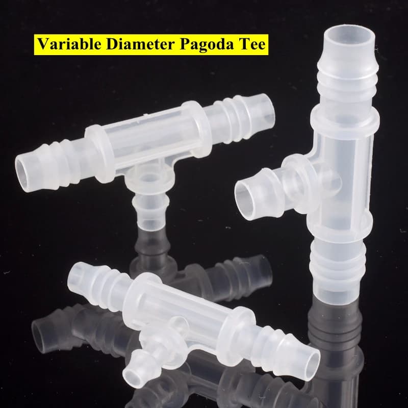 PP plastic reducing t-shirt with inverted hook and aquarium hose with variable diameter pagoda joint, three-way connector with large and small head