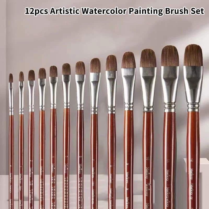 12pcs/Set High-grade Weasel Hair Oil Painting Brush Hazel Shap Row Pen Long Birch Rod Acrylic Drawing Art Supplies Artist Supply