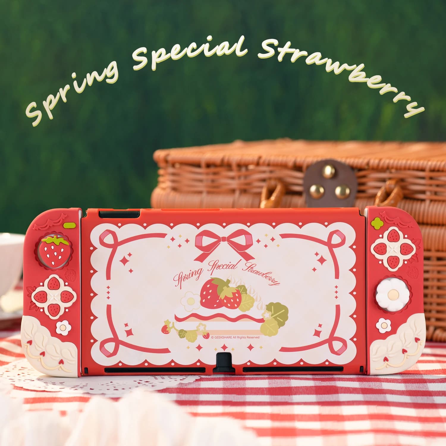 Geekshare Custodia protettiva in silicone Spring Fragola e cover JoyCon per Nintendo Switch/OLED con 1 paio di impugnature per pollice personalizzate