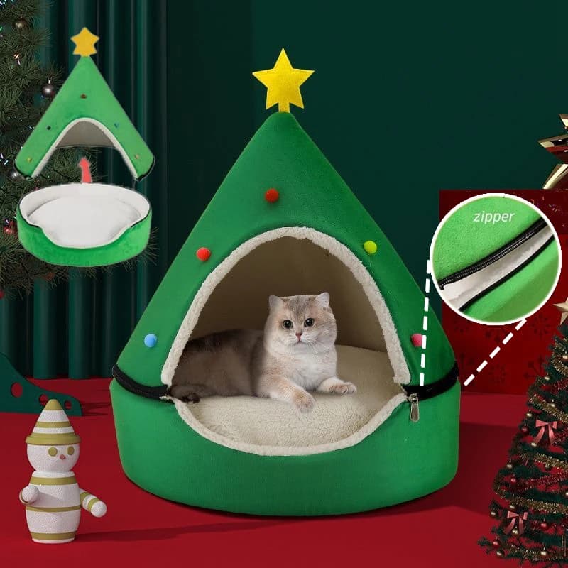 2026 Nuovo albero di Natale casa per gatti semi chiuso caldo peluche staccabile grotta letto per cani di piccola taglia gatti inverno sonno profondo nido per animali domestici