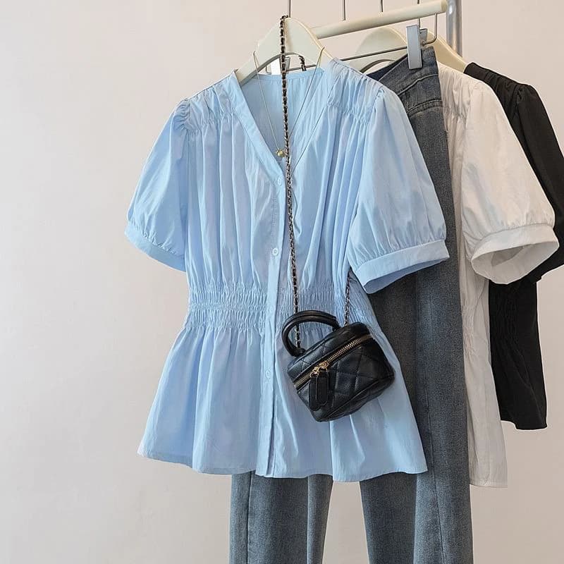 200 pounds Plus Size Elastic Waist Office Lady Trend Shirt and Blouse Short Sleeve Solid Top Women's Clothing V-neck French Chic
