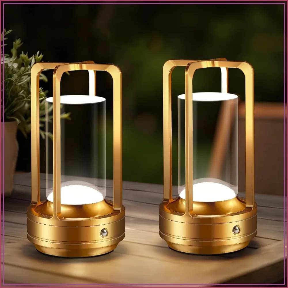 Cordless Rechargeable Desk Lamp with 3 Color Stepless Dimmable - Metal Battery Operated Lantern for Bedroom, Bar, Coffee Shop, Camping (Gold, 2 Pack)