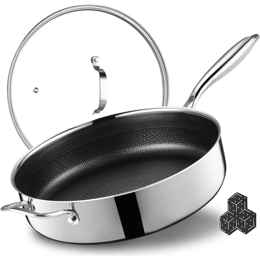 12 Dustproof pan with Cover, 5.6QT, Ceramic Hybrid, Deep to Jump and Fry, Stainless Steel Tri-Ply, Uniform Heating, Compatible with Induction