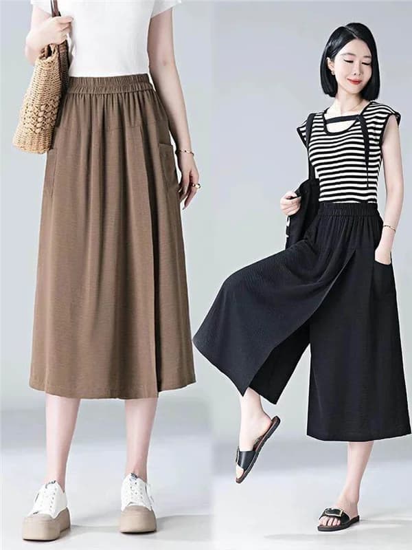 Ice Silk Pleated Fabric Summer Thin Skirt Pants Women High Waist Slit Hip Thickening Slimming Mom Eighteen Pants Casual Style