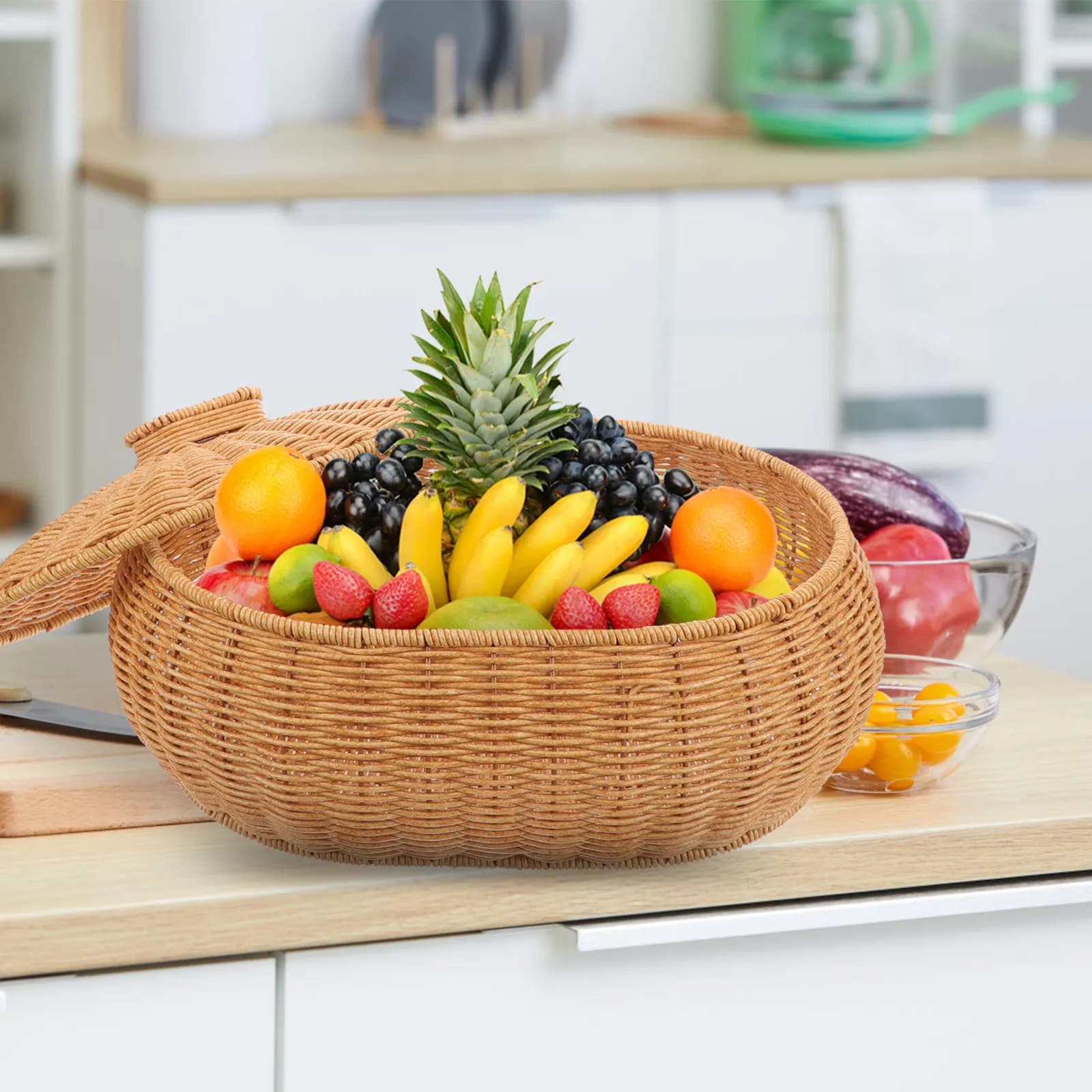 Cesto portaoggetti intrecciato per frutta, pane, snack, verdure, frutta secca, organizer per alimenti, design rustico, robusto, superficie liscia, senza sbavature