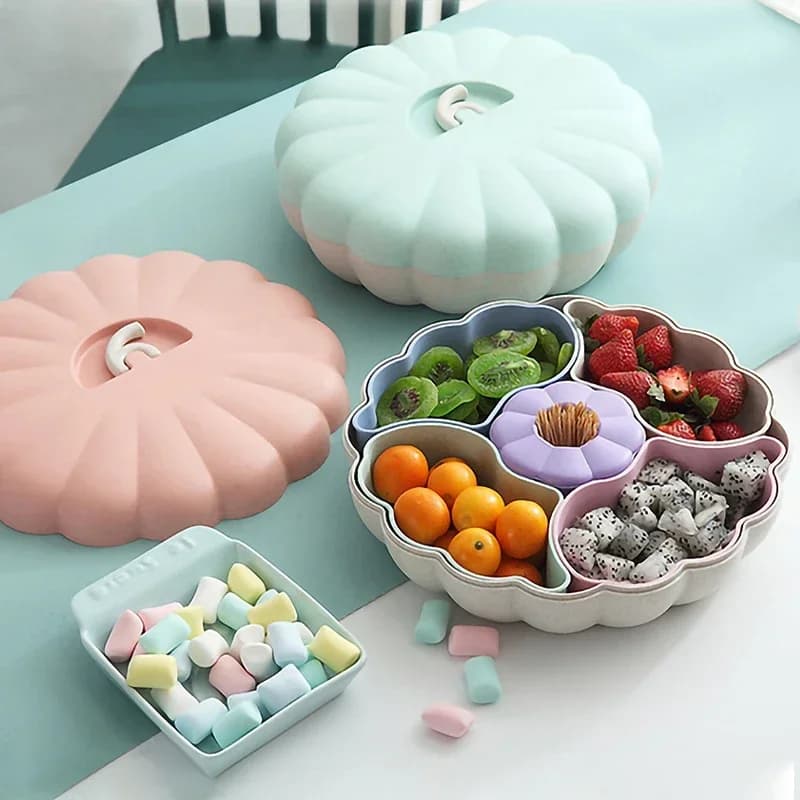 Divided Pumpkin Snack Box LX101101 - Household Multifunctional Candy Container, Moisture-proof Dried Fruit Tray for Chinese New