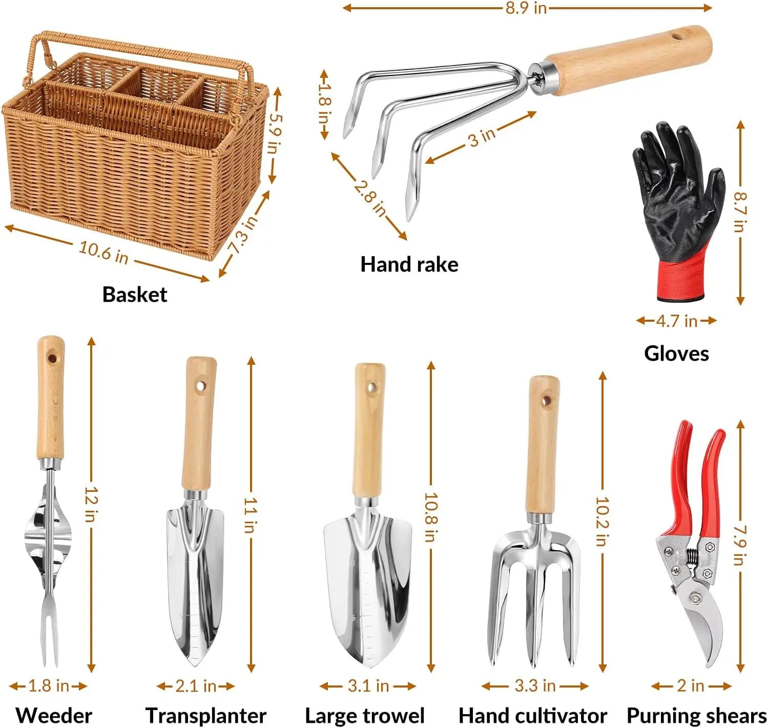 Garden tools set with basket, hard-wearing stainless steel hand tools with wooden handle, pruning shears, gloves - Hot sale