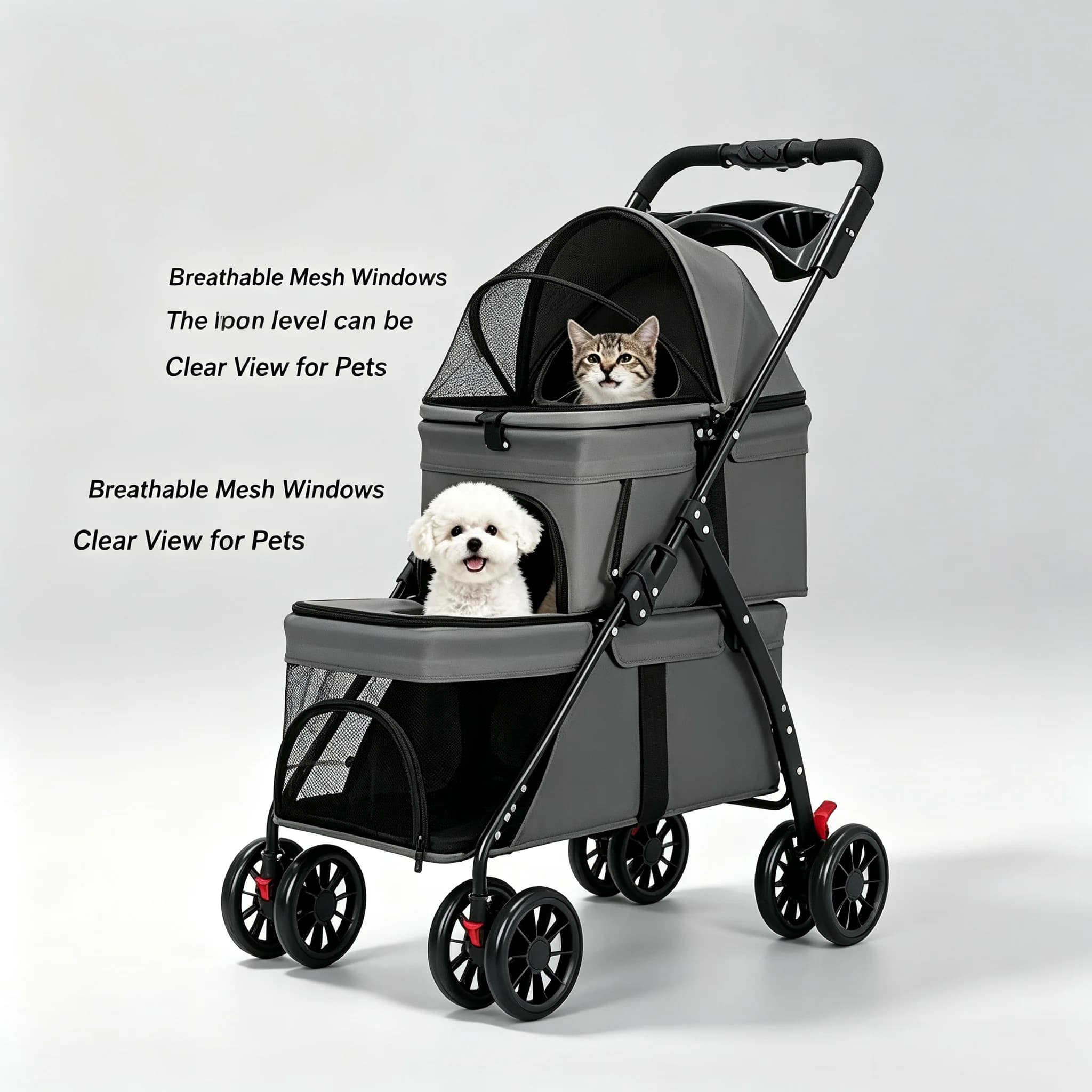 Folding Double Pet Stroller 4 Wheels Breathable Mesh Travel Carrier Wagon for 2 Small Dogs Cats Outdoor Walking