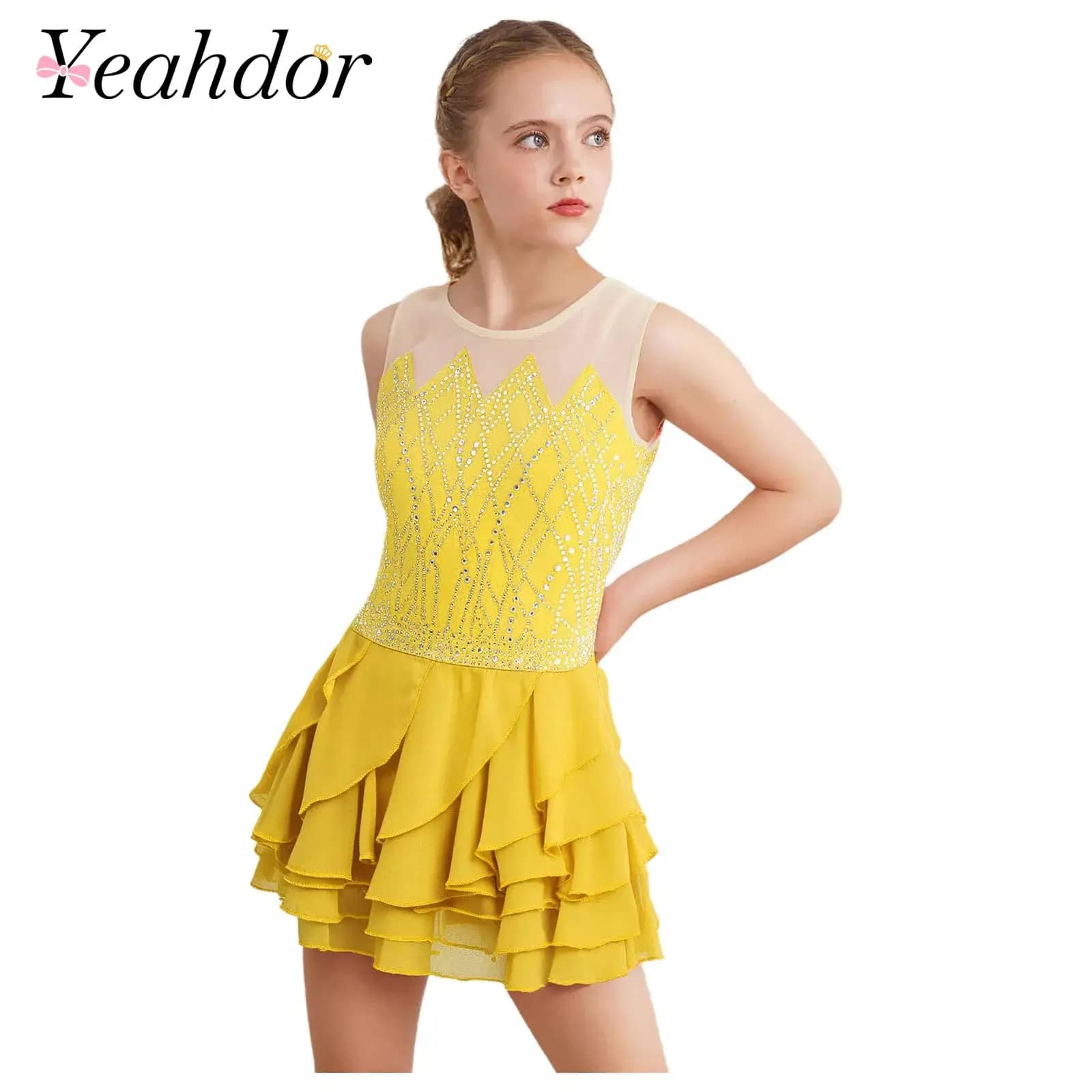 Vestito da pattinaggio di figura in rete per ragazze Body da ballo Costume da balletto per bambini Strass Ginnastica ritmica Ballerina Dancewear