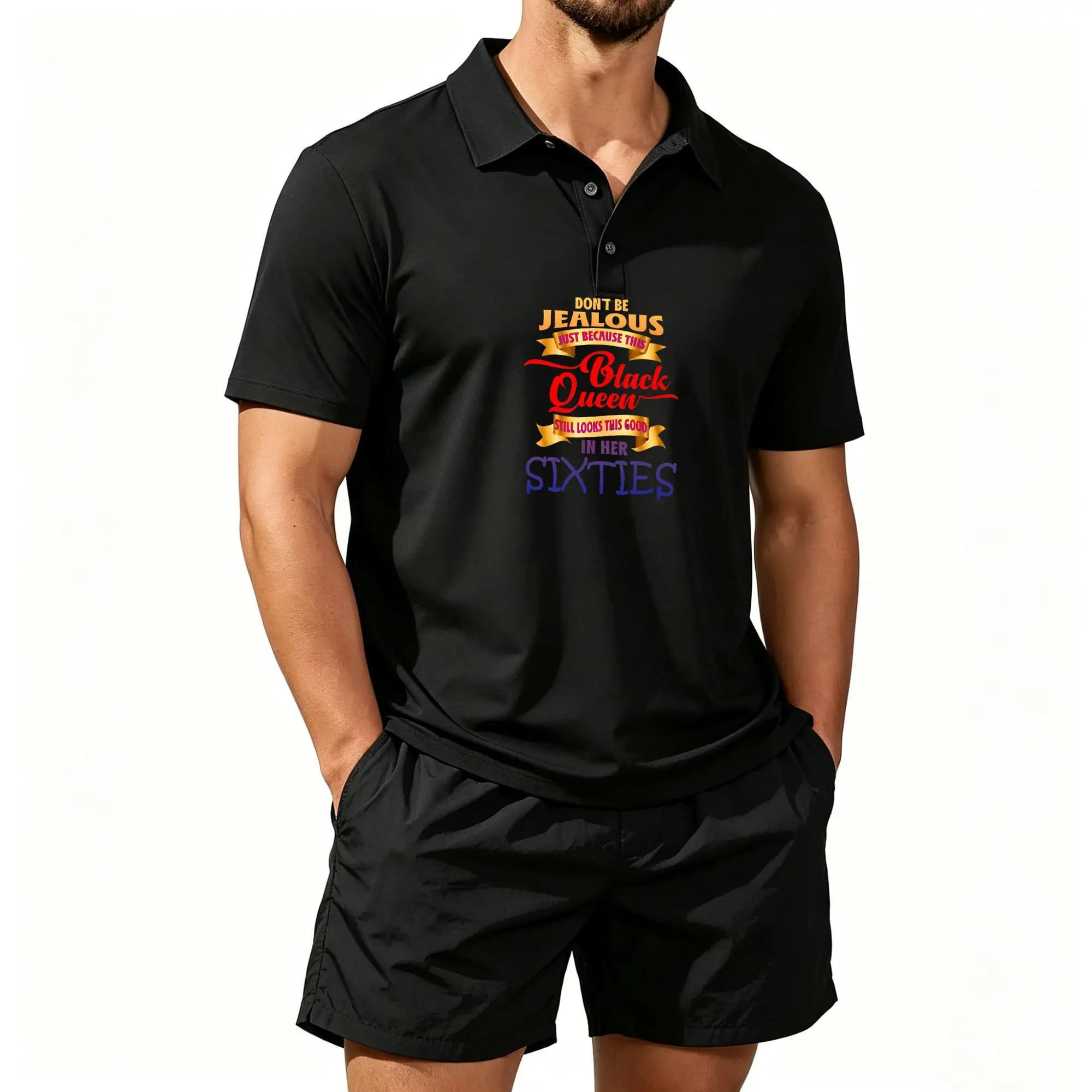 Men's Polo Beach Shorts Set, 60S Retro Style Printed Set, Casual and Comfortable Fit