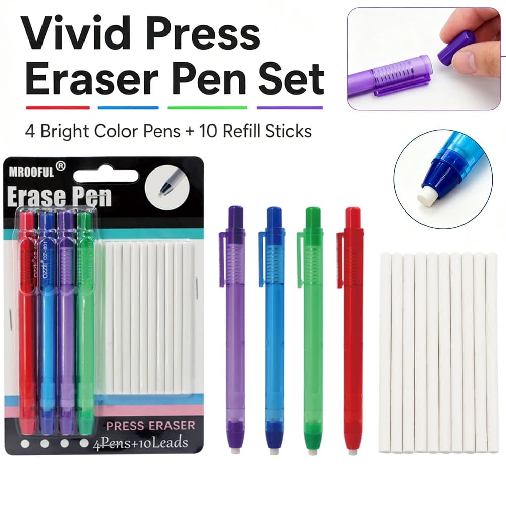 Pen Shape Press Type Pencil Eraser Set with 10 Replaceable Core,for Sketching Writing Erase Supplies Stationery Accessories