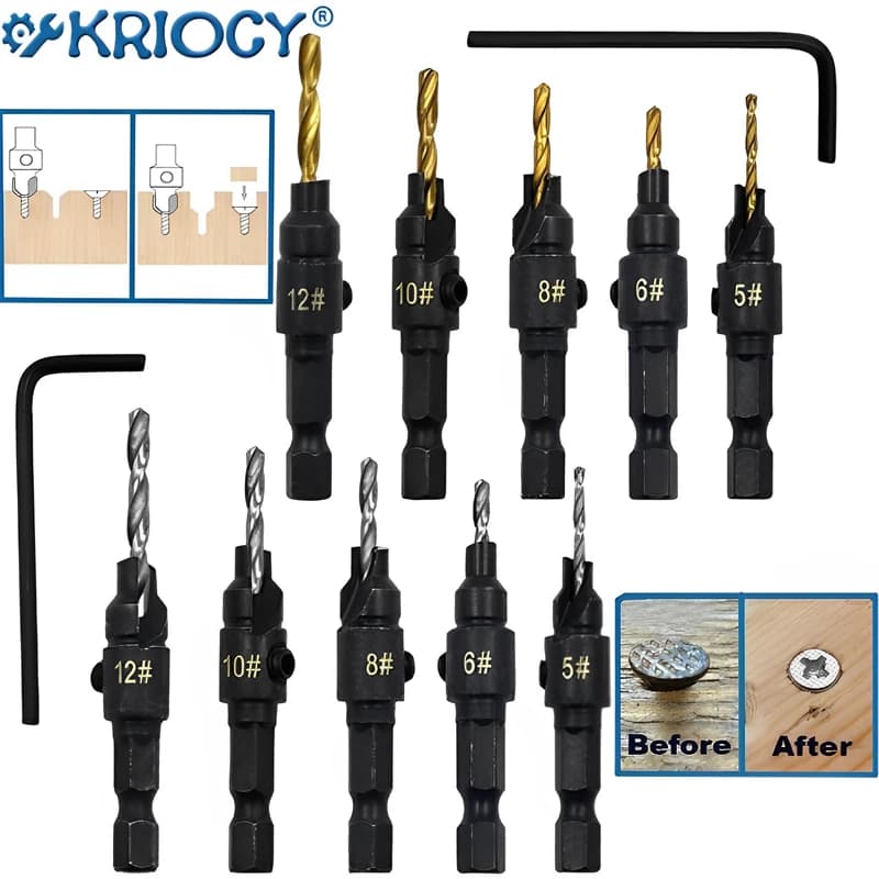 Set of drill bits for wood processing from 5 pieces for drill for drilling holes for screw sizes # 5 # 6 # 8 # 10 # Drill for screw holes 12 cutters