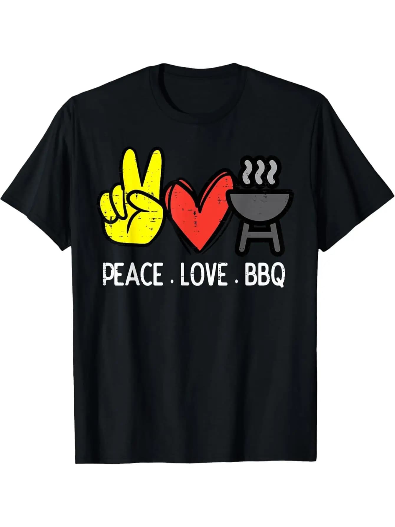 Funny Men's Black Graphic T-Shirt Peace Sign Red Heart Barbecue Grill Peace Love Bbq Slogan Distressed Retro Graphic 100% Cotton Heavyweight Short Sleeve Casual Streetwear Tee