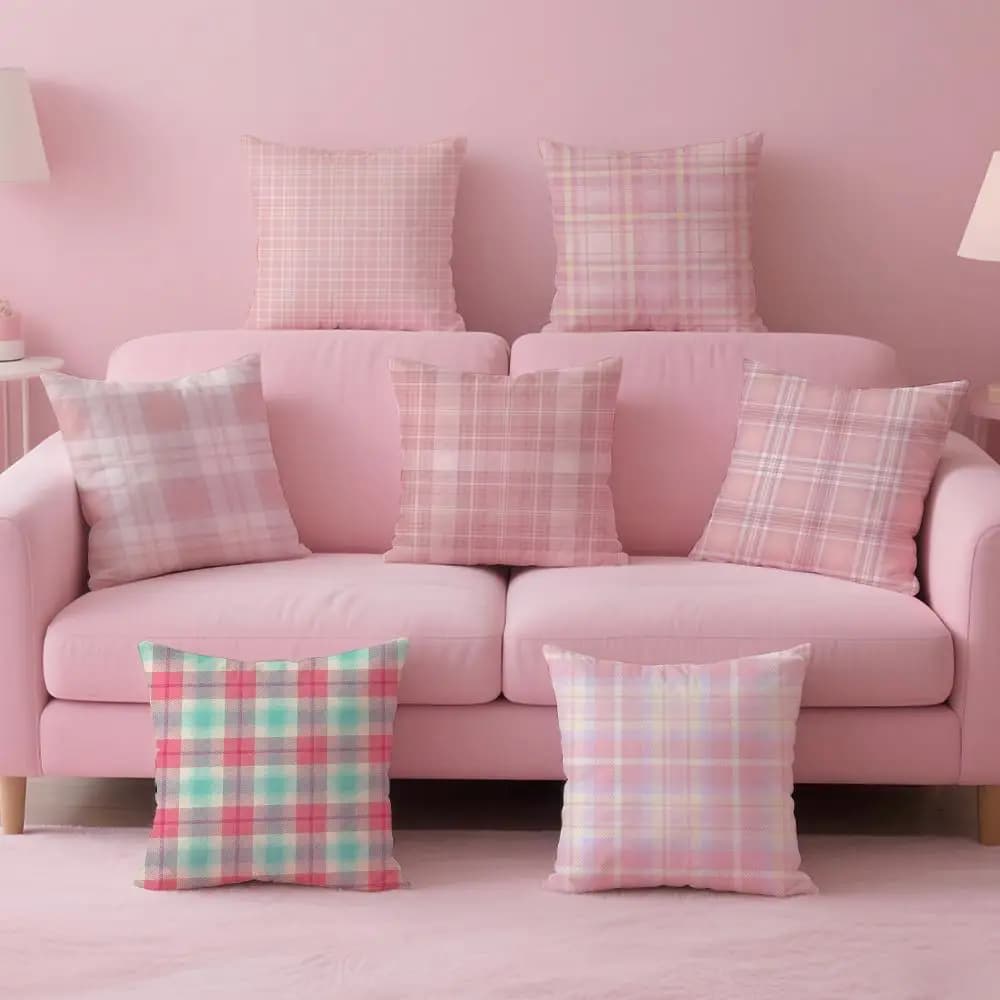 Fodera per cuscino con design tartan rosa e viola, tessuto ultra morbido e delicato sulla pelle, comfort simile a nuvole e cerniera nascosta