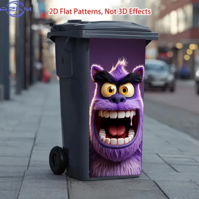 37 X 82 Cm / 14.57 X 32.28 Inches Trash Can Sticker, Featuring Purple Furry Angry Cute Monster Pattern Theme Design, This Matt