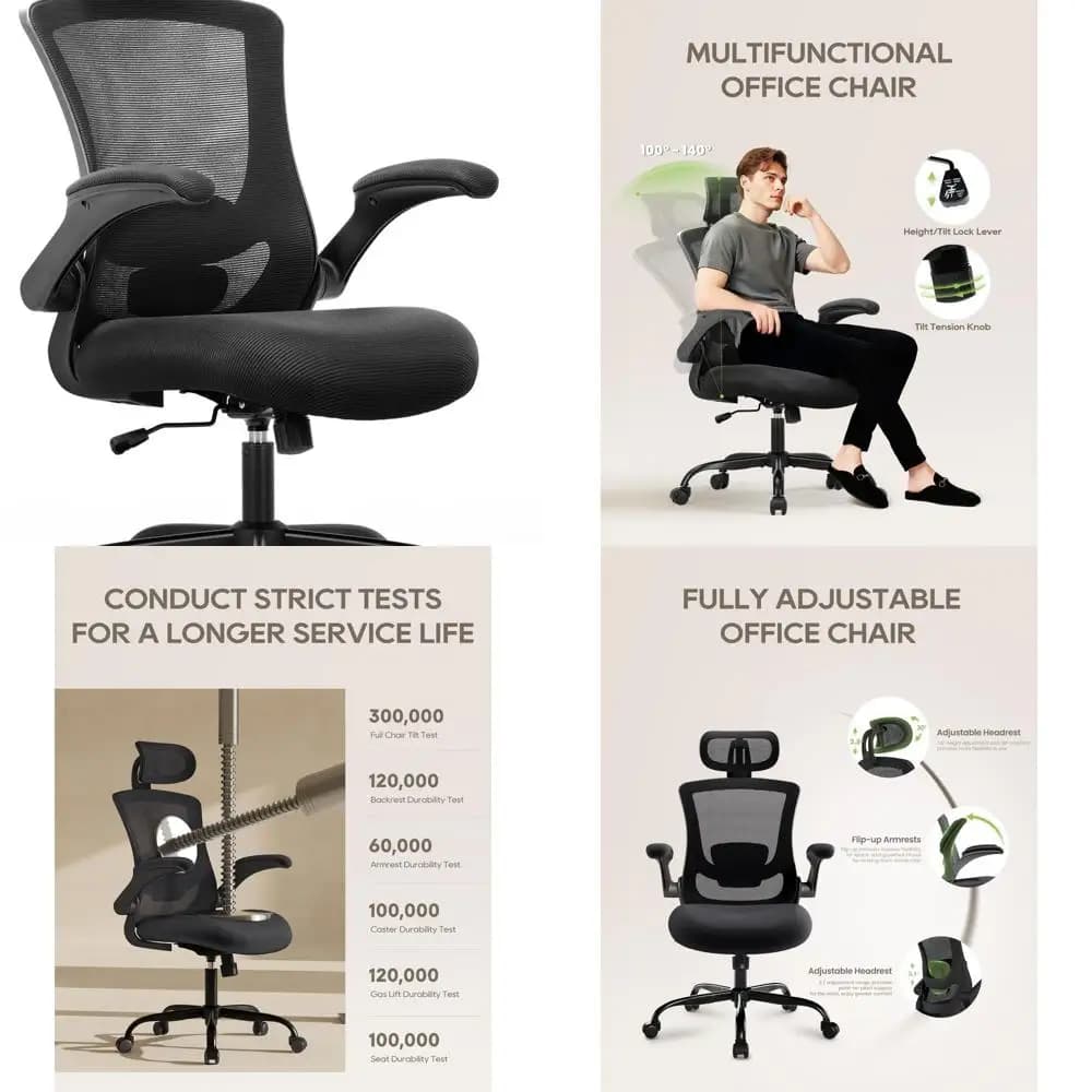 Sedia da scrivania ergonomica con schienale alto, supporto lombare, braccioli ribaltabili e poggiatesta regolabile per un utilizzo confortevole a casa e in ufficio
