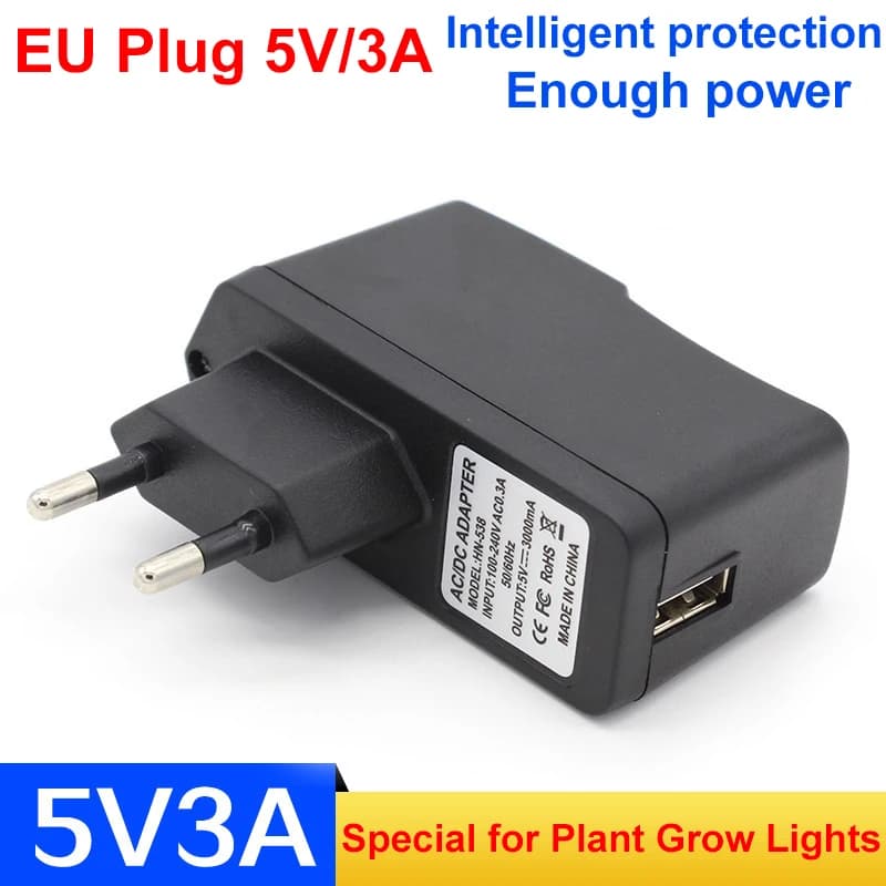 Adattatore USB speciale 5V 3A per luci di crescita per piante, utilizzabile con una potenza sufficiente per 4 luci di crescita a testa singola.