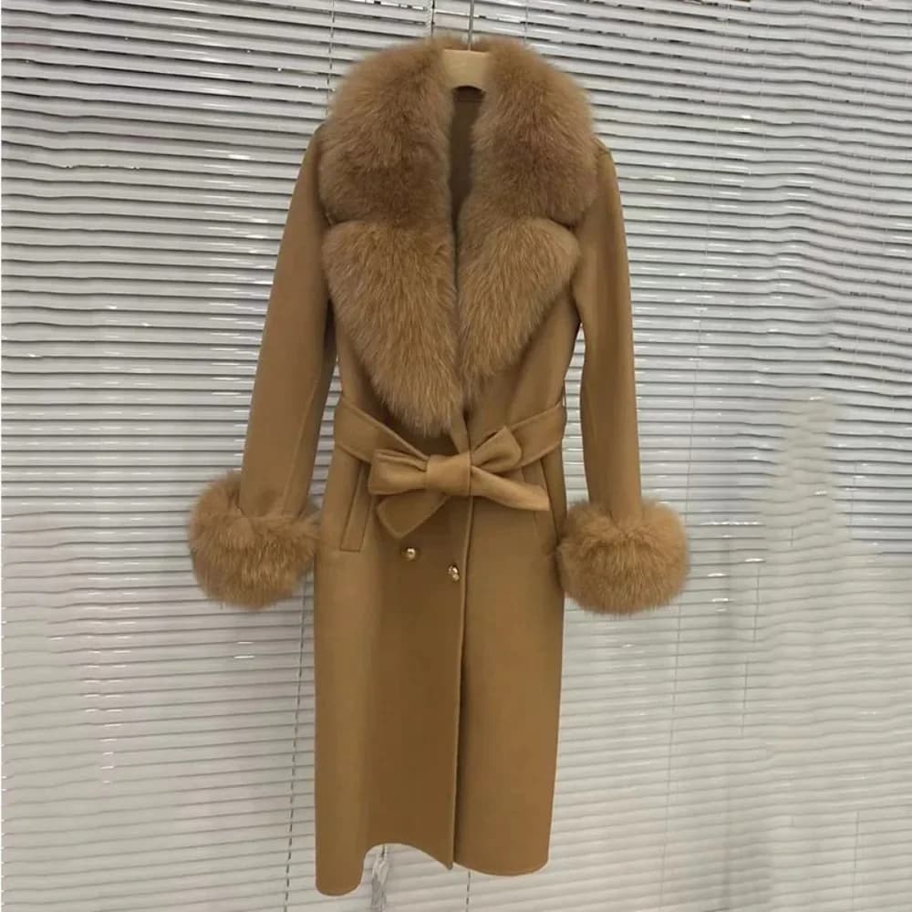 2025 Women New Long Wool Cashmere Blended Coat Double Breasted Belt Outerwear Cuff Real Fox Fur Collar Fashion Winter Jacket