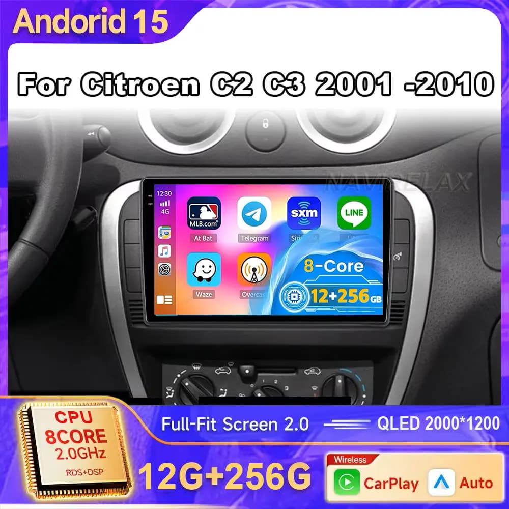 Android 15 Auto Carplay Per Citroen C2 C3 2001 2003 2004 - 2010 Autoradio Lettore Video Multimediale WiFi Navigazione GPS DSP Stereo