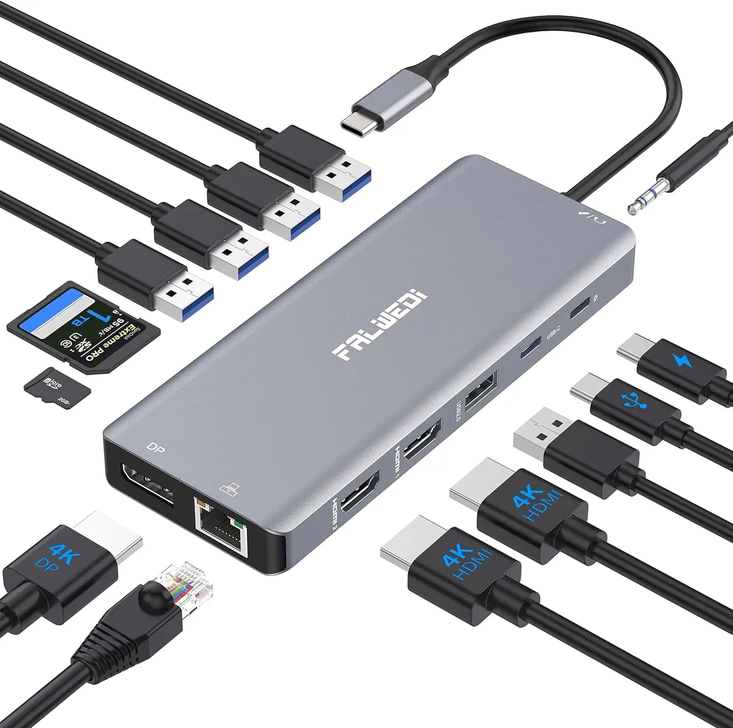 Docking station USB-C 14 in 1 con doppio lettore HDMI, DisplayPort, Ethernet, SD/TF per laptop MacBook Dell HP