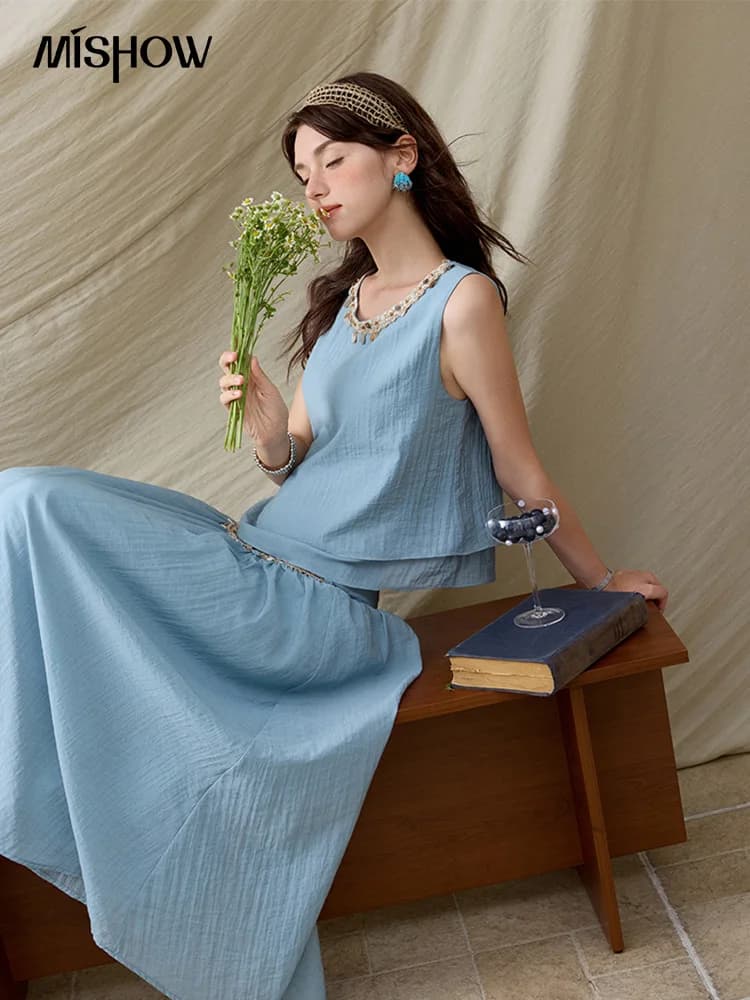 MISHOW Office Lady Summer Vest Skirt Sets Women 2025 Sheel Ribbon Solid Round Neck Tops Loose High Waist Skirt Female MXE32T0556