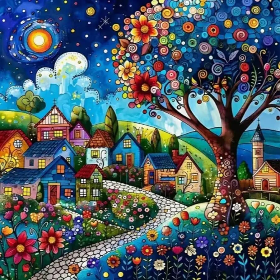 Colorful Fairytale Folk Village Landscape Diamond Painting Home Living Room Bedroom Bar Aesthetic Decoration Gift