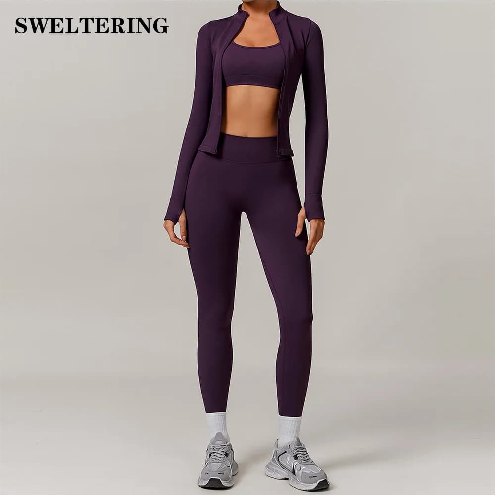 Set Yoga 2/3 Pezzi Abbigliamento Sportivo da Palestra Completi Yoga per Donna Top Corto a Maniche Lunghe Set Fitness Tute Sportive Reggiseno Sportivo Leggings da Palestra