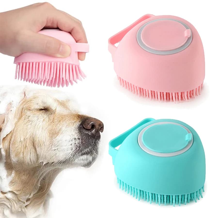 Spazzola per shampoo per animali domestici Pettine da bagno in gomma per massaggio in silicone con contenitore per shampoo Lavaggio per cani e gatti dai capelli corti e lunghi