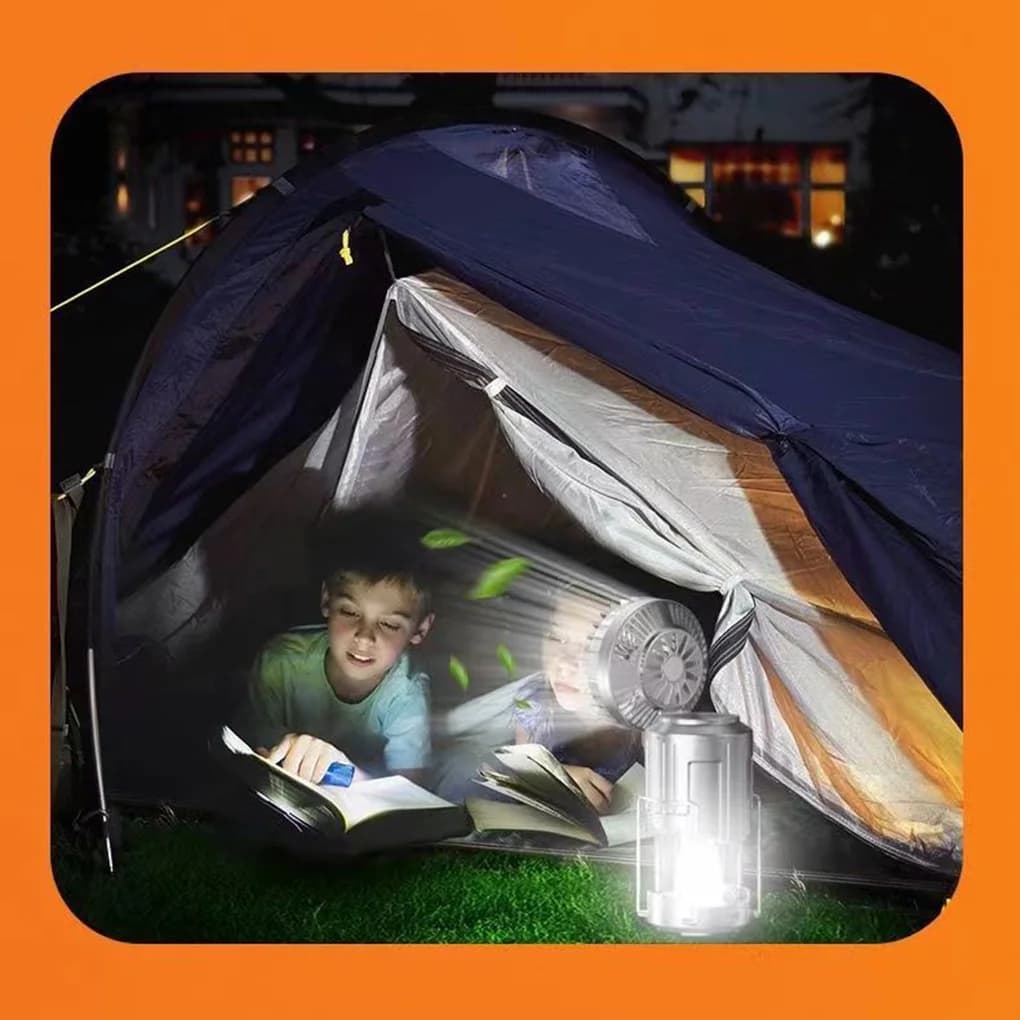 Illuminazione esterna multifunzionale Ventilatore elettrico solare Luce da campeggio Luce da campeggio Luce di emergenza incorporata da 2400 mAh Power Bank