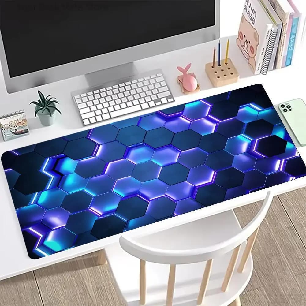 Tappetino per mouse da gaming antiscivolo con bordo cucito, grande, con stampa esagonale blu viola luminosa, 1 pezzo