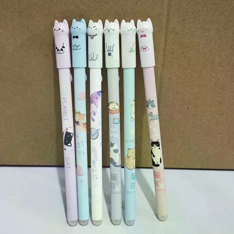 Set di 6 Penne Gel Cancellabili con Coda di Gatto, 0.5mm, Regalo per Studenti e Insegnanti, Ricarica Blu Magica, Cancelleria Kawaii per Scuola e Ufficio