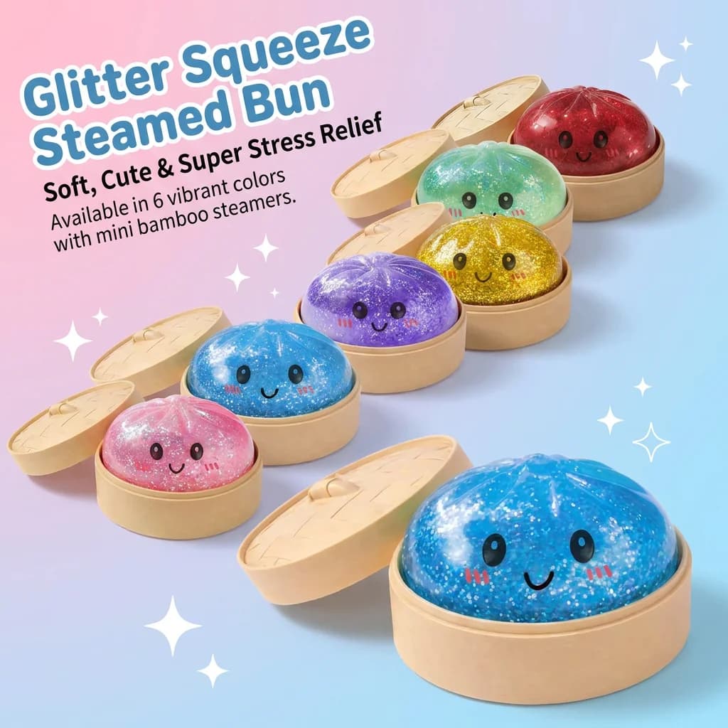 Glitter Dumpling Squishy,New Mystery Glitter Dumpling Squishies Box,Soft Squeeze Dough Ball for Stress Relief,Stretchy Bun with Mini Food Steamer Desk Fidget Toy for Adults Office Home