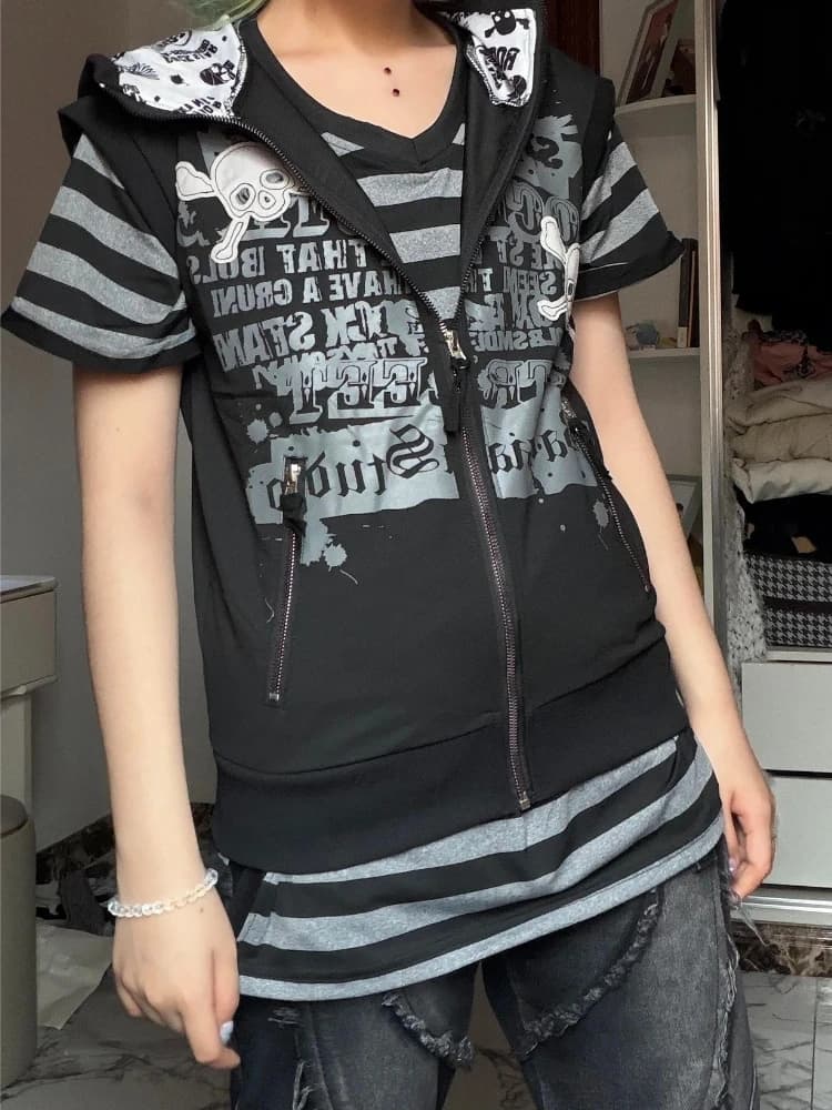 Japanese Punk American Vintage Sleeveless Hooded Vest Skull Letter Print Women Streetwear Y2k Retro Harajuku Spring Summer