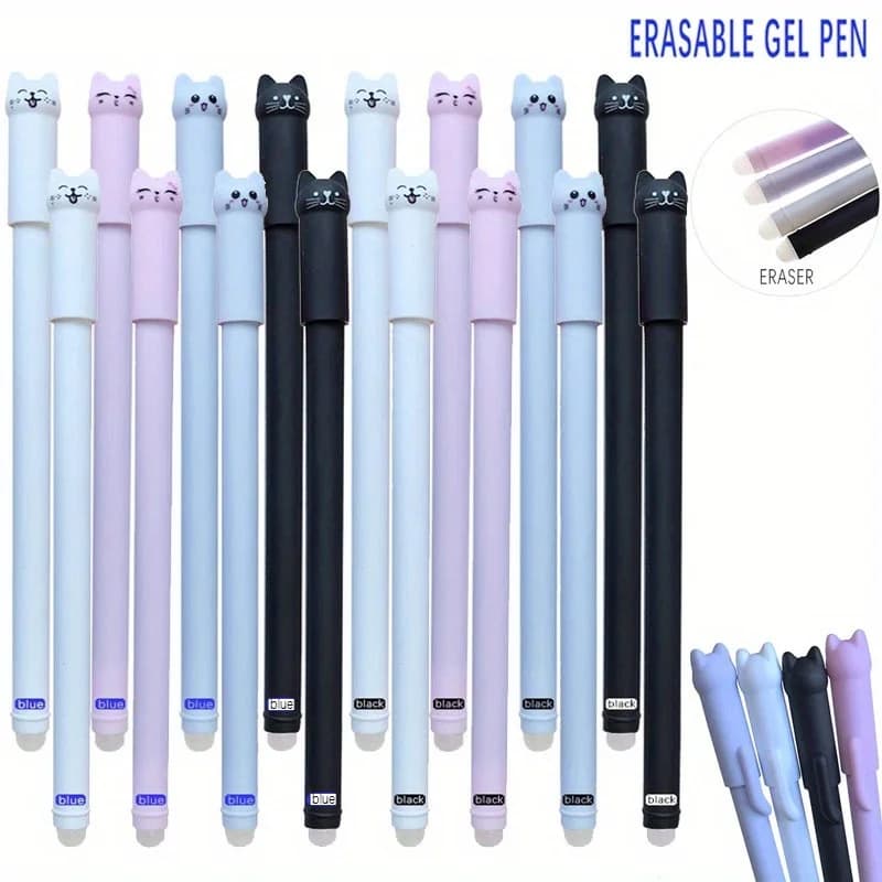 Set di 4/8/12 Penne Gel Cancellabili Creative a Forma di Gatto, 0.5mm, Lavabili, con Inchiostro Blu/Nero Magico e Ricariche Cancellabili