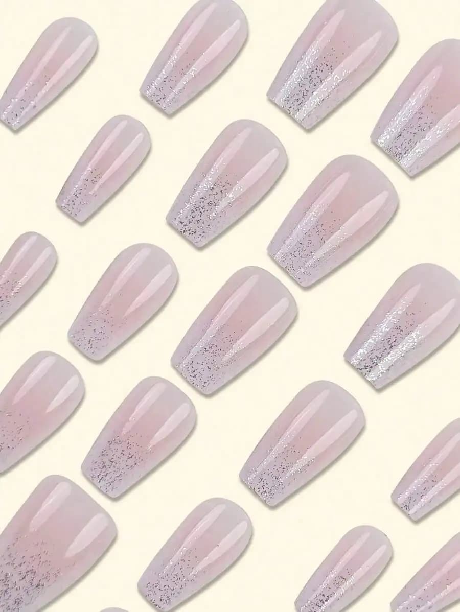Y2K Set di 24 Unghie Finte Lunghe a Forma di Coffin, Lucide, Rosa con Gradiente Francese e Glitter, Elegante Manicure per Donne, per Feste e Uso Quotidiano