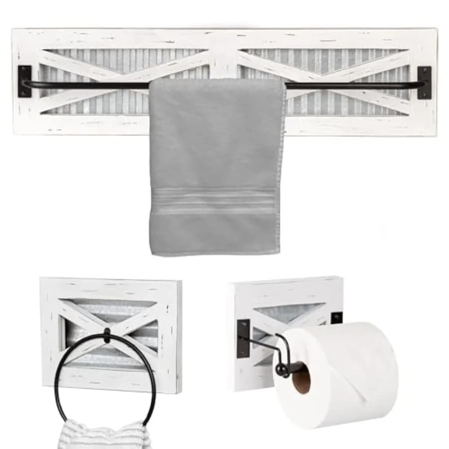 Set porta asciugamani rustico e porta carta igienica con anello portasciugamani per bagno - Portaoggetti da parete per bagno - Legno anticato zincato