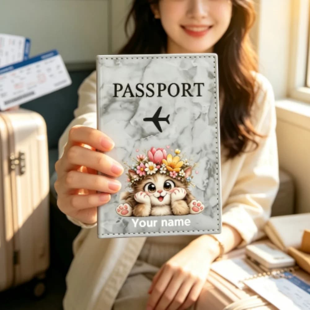 Customized Name Cute Floral Cat Head Illustration Passport Holder, Personalized Travel Wallet Christmas Gifts for Family Members