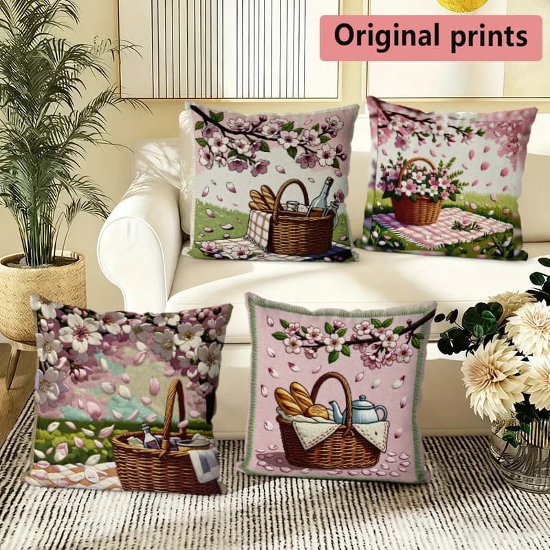 Spring Picnic Basket Floral Throw Pillow Covers Pattern Cushion Cover Suitable For Sofa Bedroom Car Pillow Cover