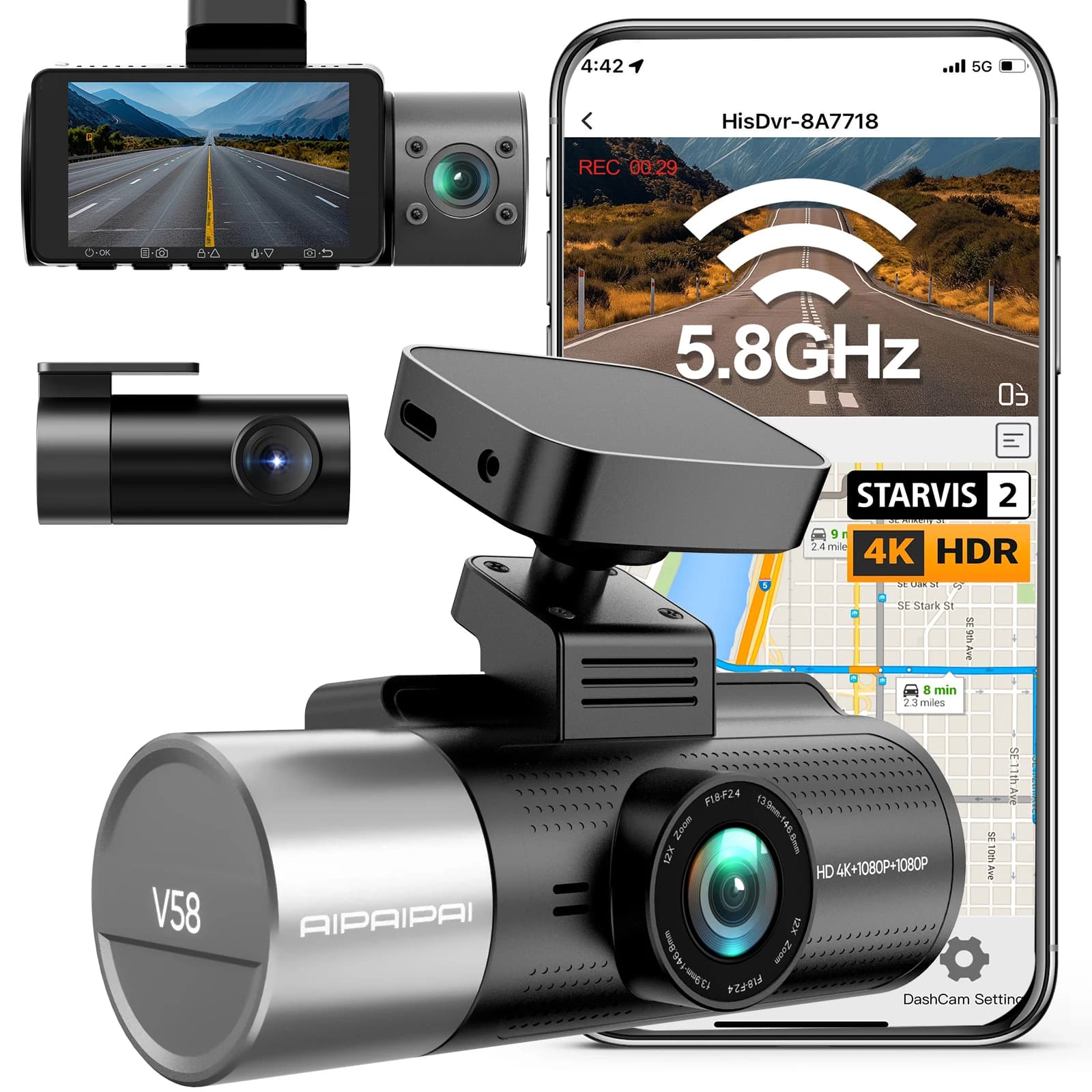 AD-381 Dashcam 4K Anteriore e Posteriore, Telecamera per Auto WiFi con Schermo IPS, DVR per Auto con GPS e Registrazione Video con Comando Vocale
