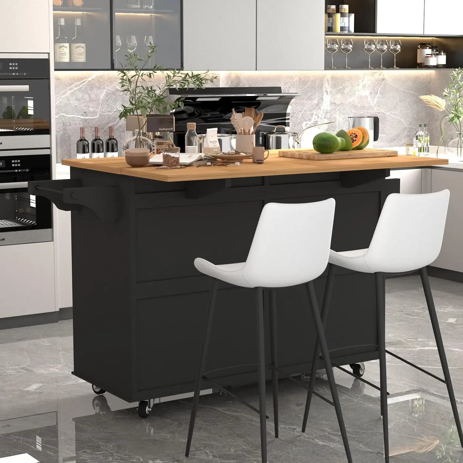 Kitchen Island Cart with Drop Leaf Bar, Rolling Table on Wheels with Storage Cabinet Drawer Spice & Towel Rack, Customized