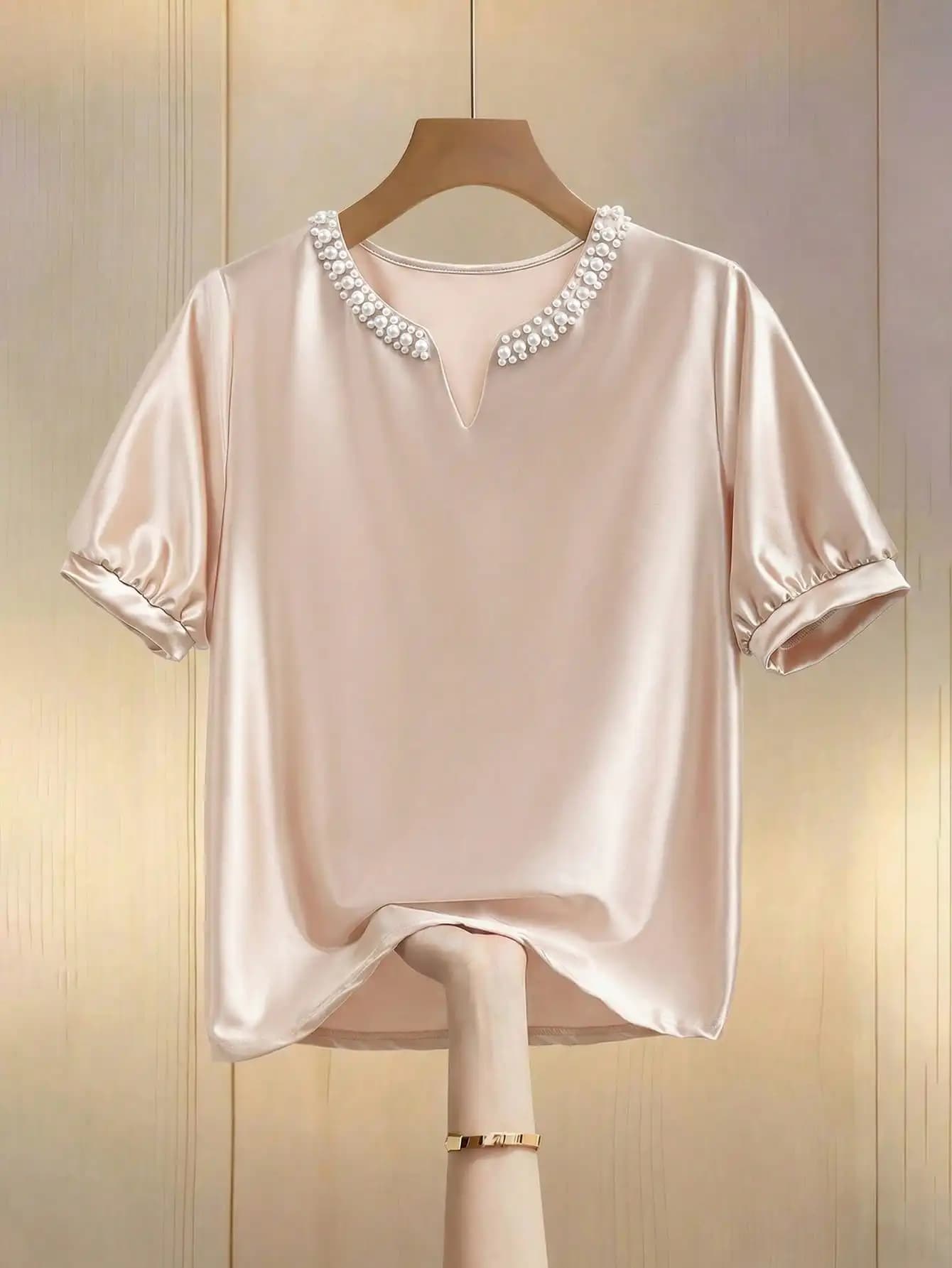 Women's Pink Dress Blouse with Pearl Embellished V Neck Puff Short Sleeves Elegant Satin Feel for Office and Daily Wear