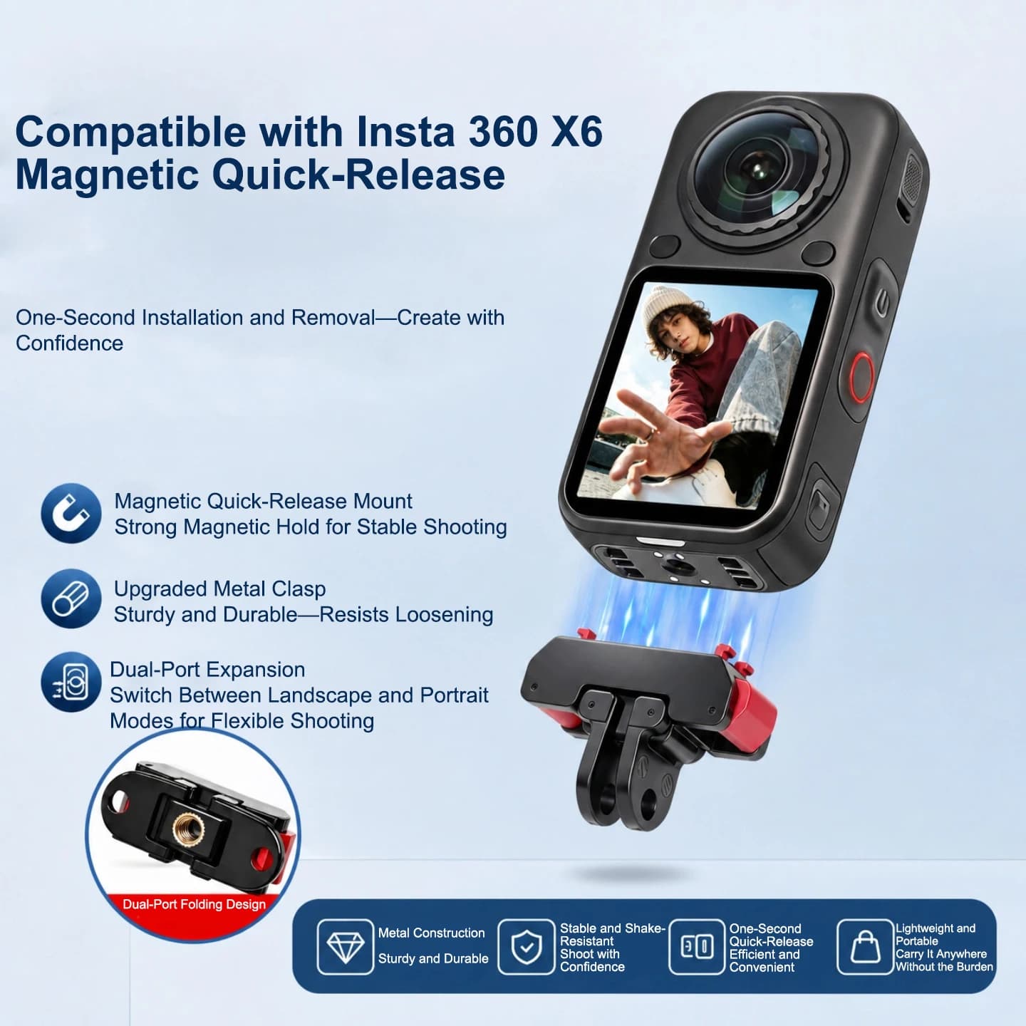 Magnetic Quick Release Mount for Insta360 X6 Dual Interface 1/4 Screw Foldable Metal Buckle Shockproof for Action Camera Base