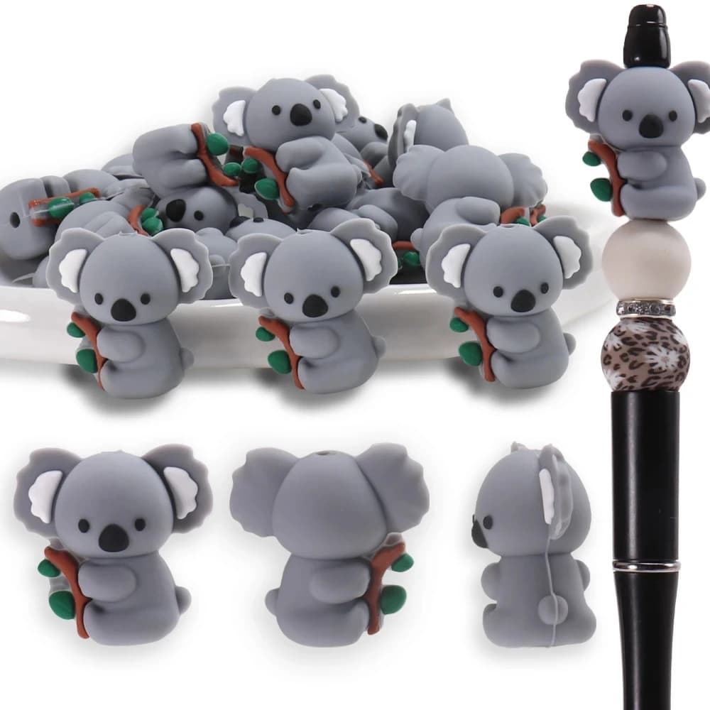 5pcs Cute Koala Silicone Focal Theme 3D Animal Spacer Character Beads For Jewelry Making DIY Creative Special Beaded Pens Decor