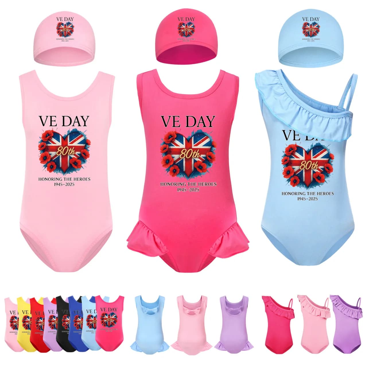Baby VE DAY 80th Children's swimwear Full beach swimsuit Children's swimsuit Cartoon + cap 2 pieces Set4456