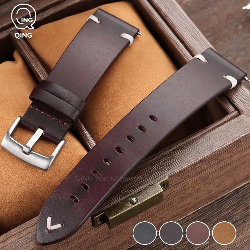 20/22mm Vintage Calfskin Leather Watch Band Metal Pin Buckle Oil Wax Strap Quick Release Men Women Bracelets Universal Wristbelt