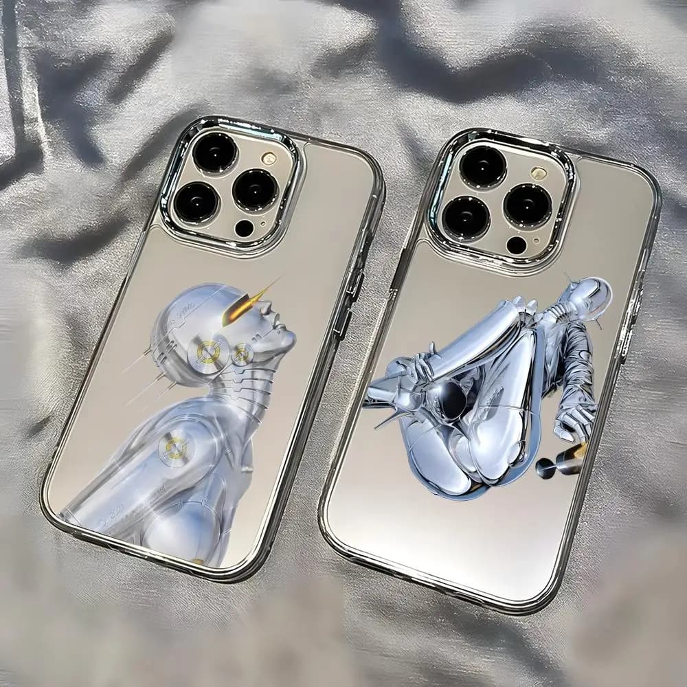 Sexy Mechanical girl Phone Case For iPhone17 16 15 14 13 12 11 Pro Max Plus Chrome Button Camera Ring Transparent Case