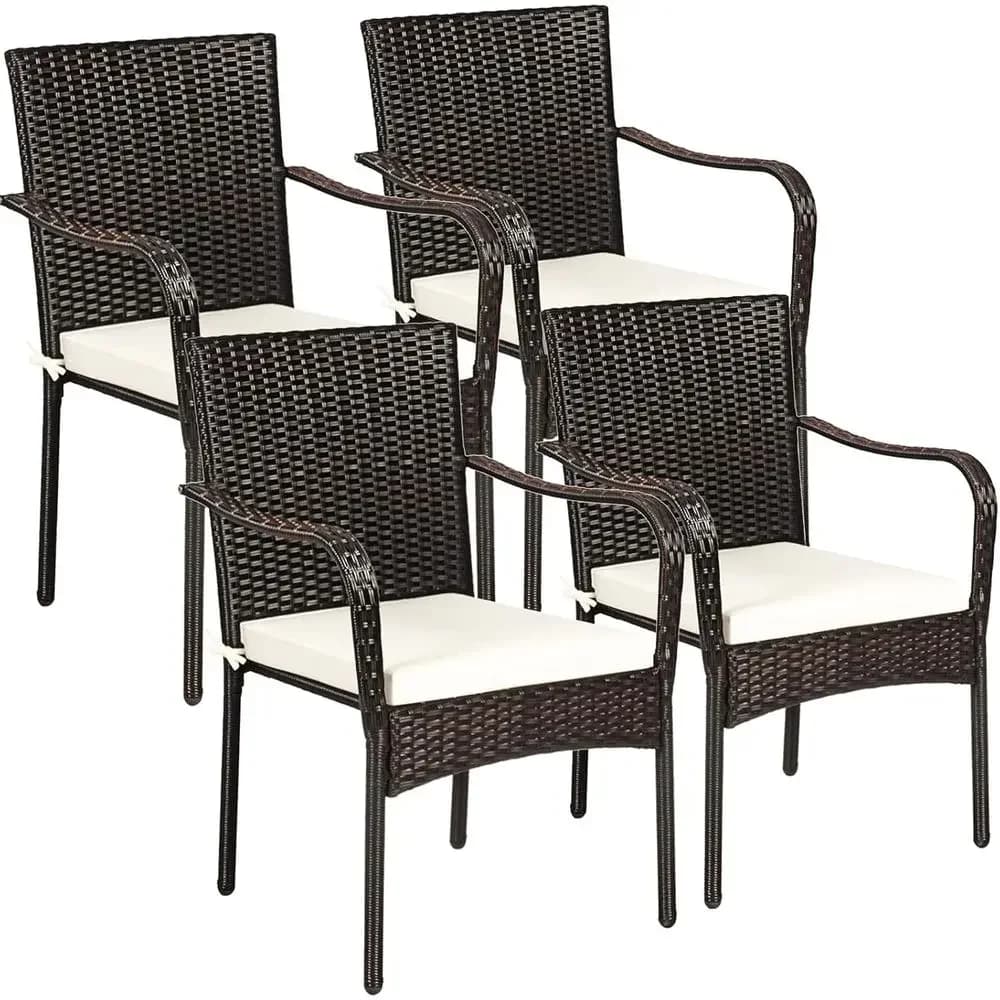 All-Weather Stackable Rattan Patio Dining Chairs with Cushions and Armrests for Outdoor, Bistro, Balcony, Poolside, and Backyard