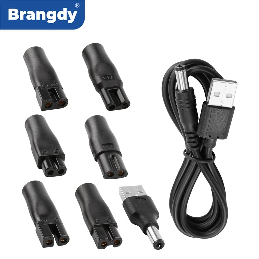 Brangdy Set of 5 V USB Charger Adapters with 8 pcs Replacement Power Cable for All Types of Electric Shavers, Haircuts, Rulebarba